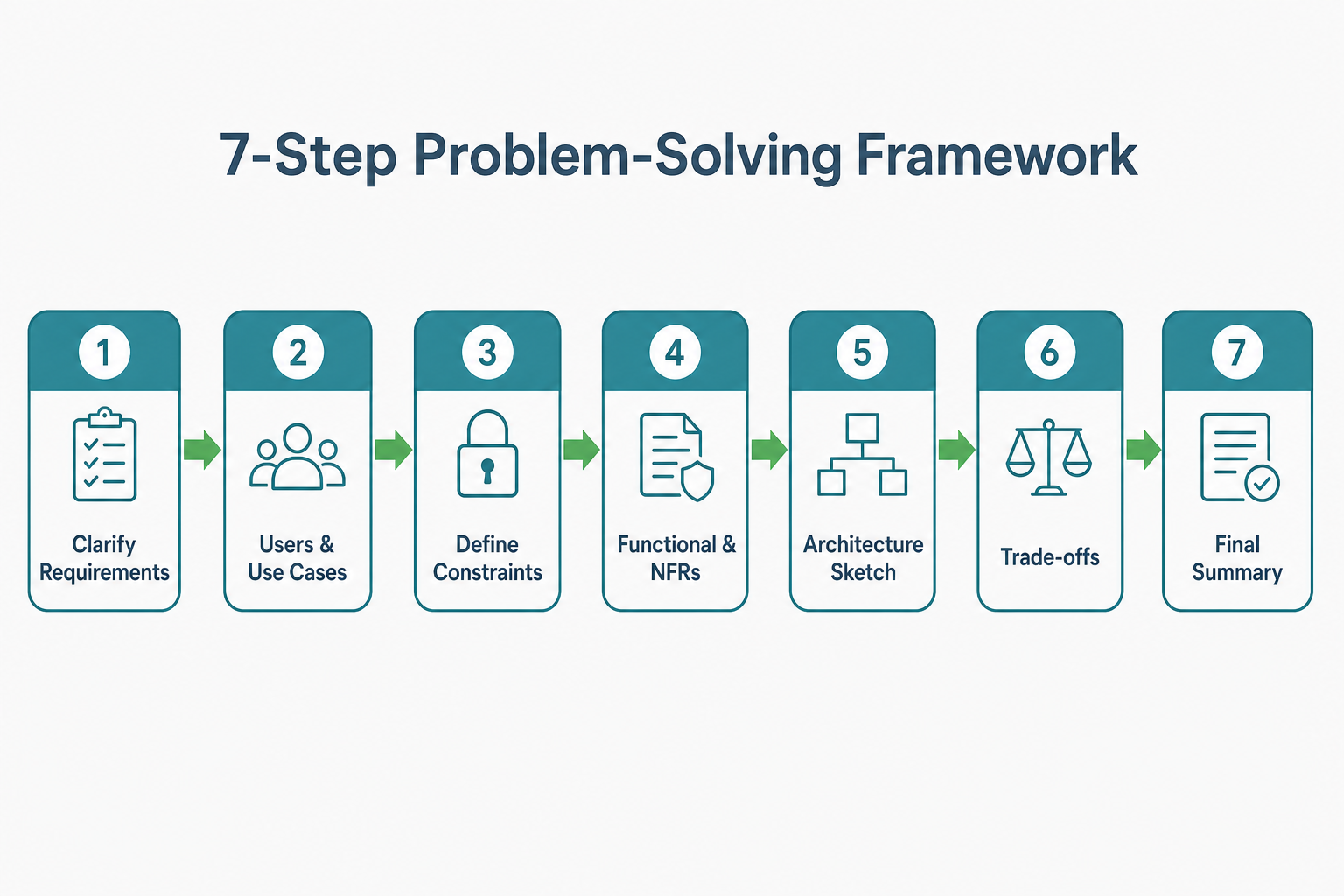 Seven-step framework: clarify requirements, users and use cases, constraints, functional and non-functional requirements, architecture sketch, trade-offs, final summary