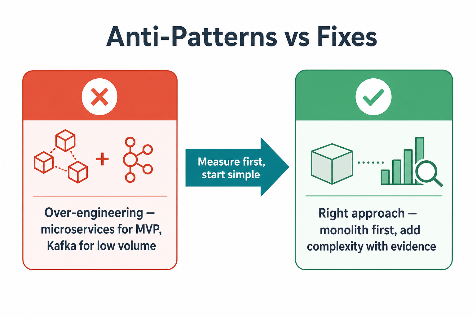 Anti-pattern versus fix: over-engineering with microservices and Kafka for low volume compared to monolith first with evidence-based complexity