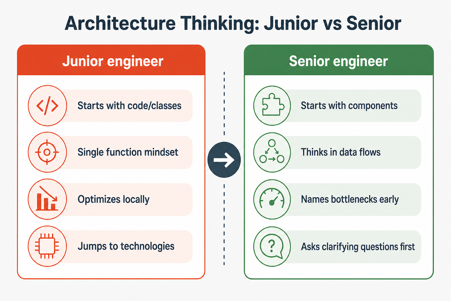 Junior vs senior architecture thinking: junior starts with code and local optimization; senior starts with components, data flows, bottlenecks, and clarifying questions