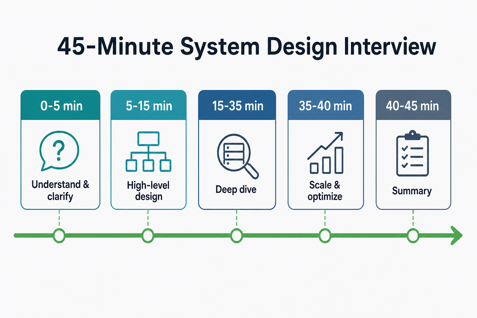 45-minute system design interview timeline: understand and clarify, high-level design, deep dive, scale and optimize, summary