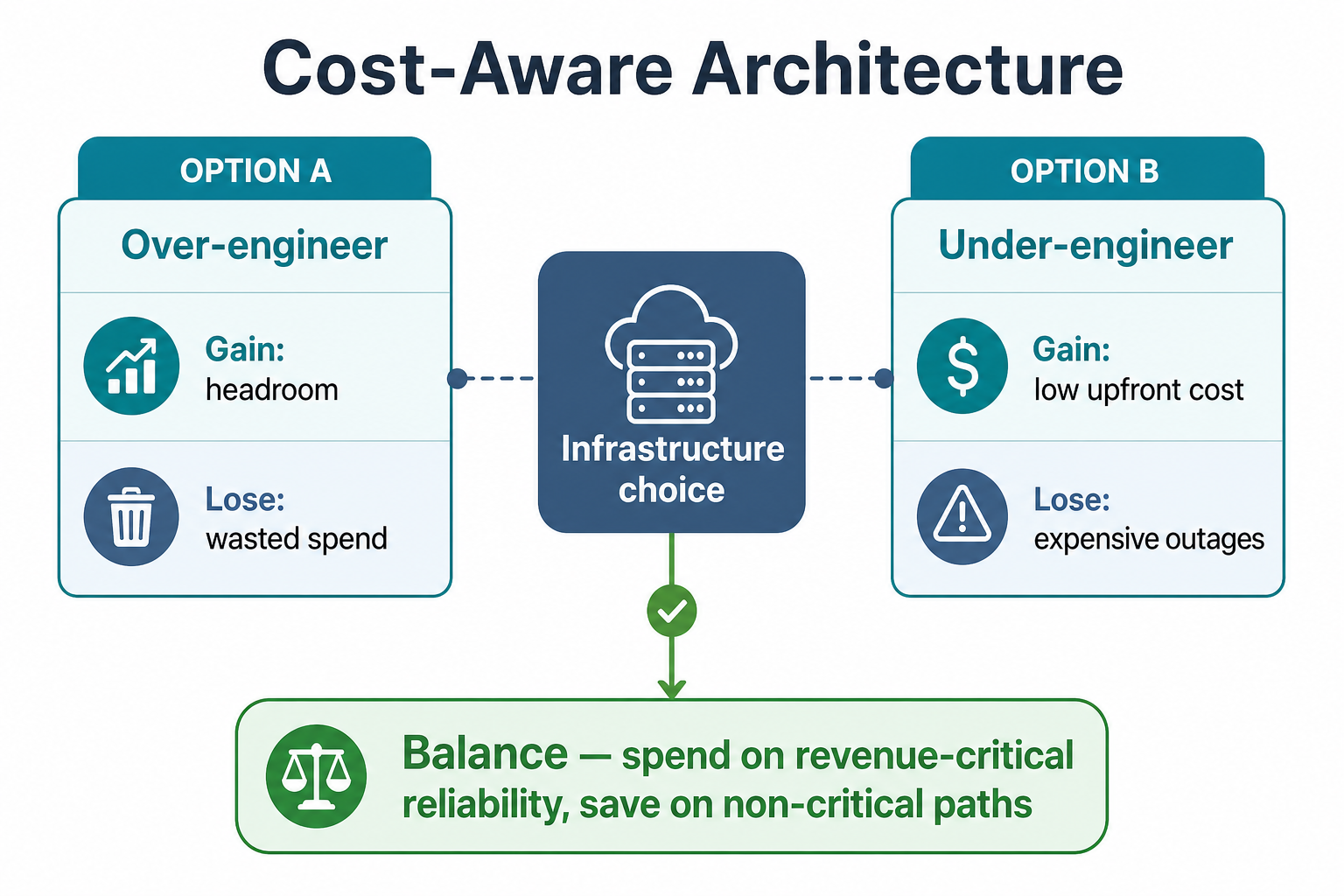 Cost trade-off matrix: over-engineering wastes spend versus under-engineering risks expensive outages, with balanced path for revenue-critical reliability