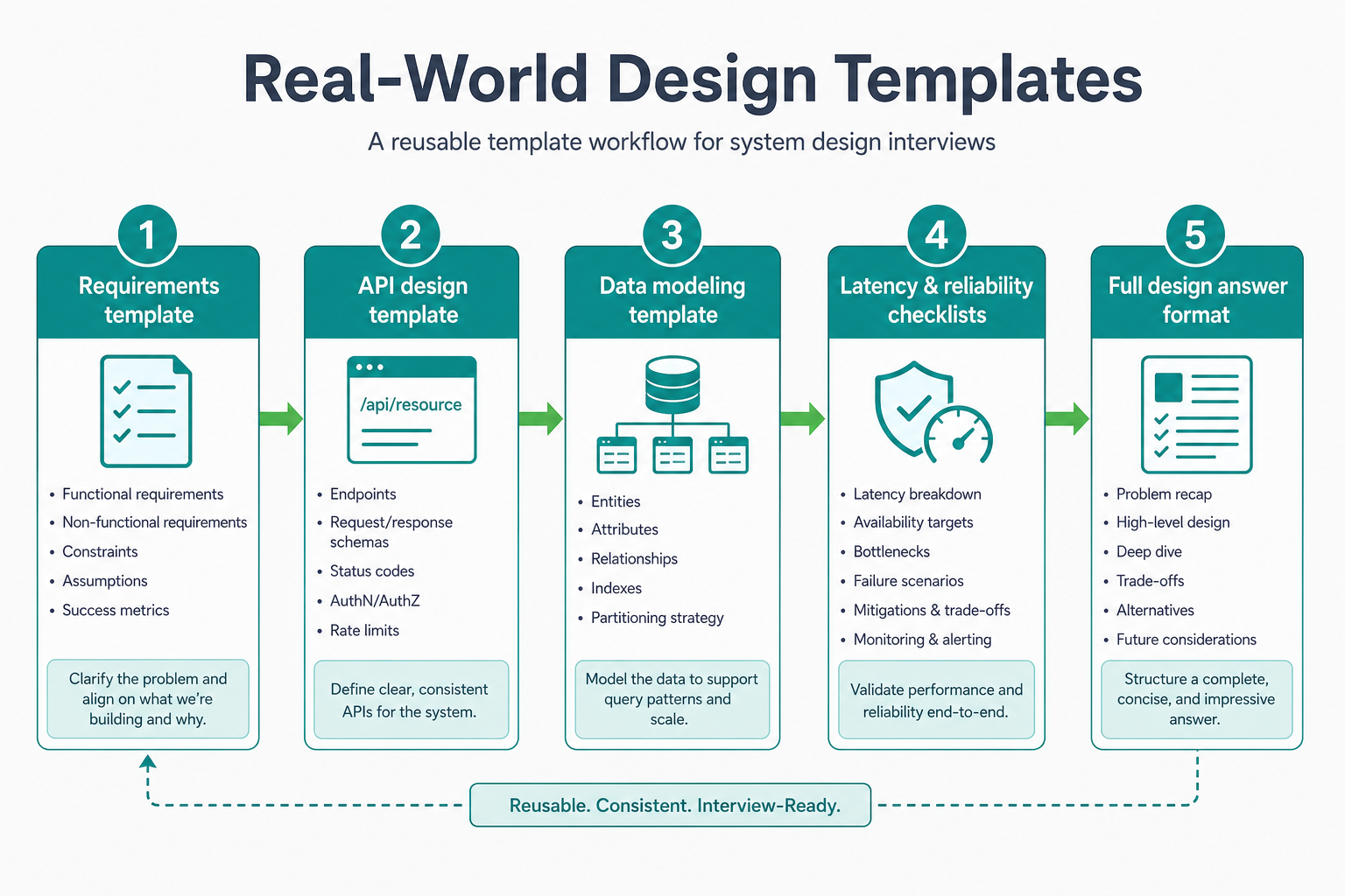 Design template workflow: requirements, API design, data modeling, latency and reliability checklists, full design answer format