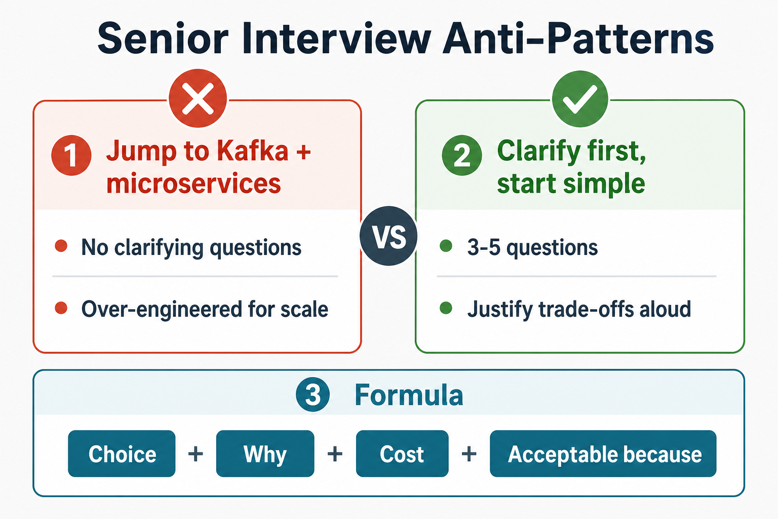 Senior interview anti-patterns: jumping to Kafka and microservices without questions versus clarify first, start simple, justify trade-offs with choice plus why plus cost