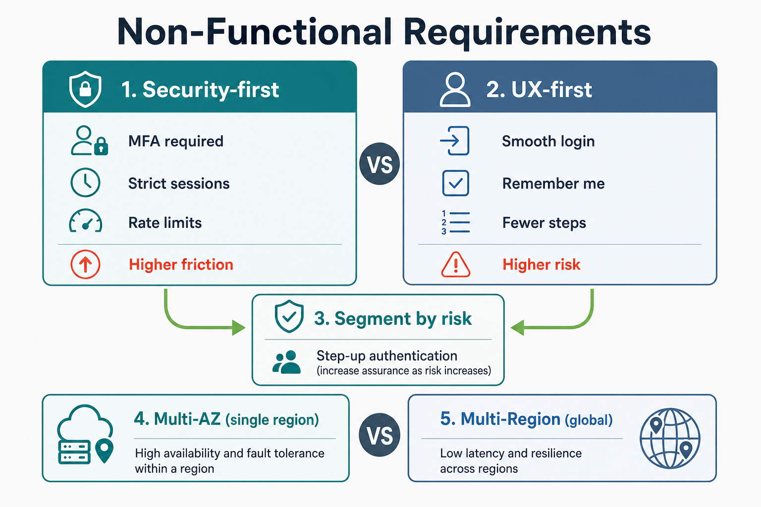 NFR comparison: security-first vs UX-first auth, multi-AZ vs multi-region, with segment-by-risk and step-up auth in the center
