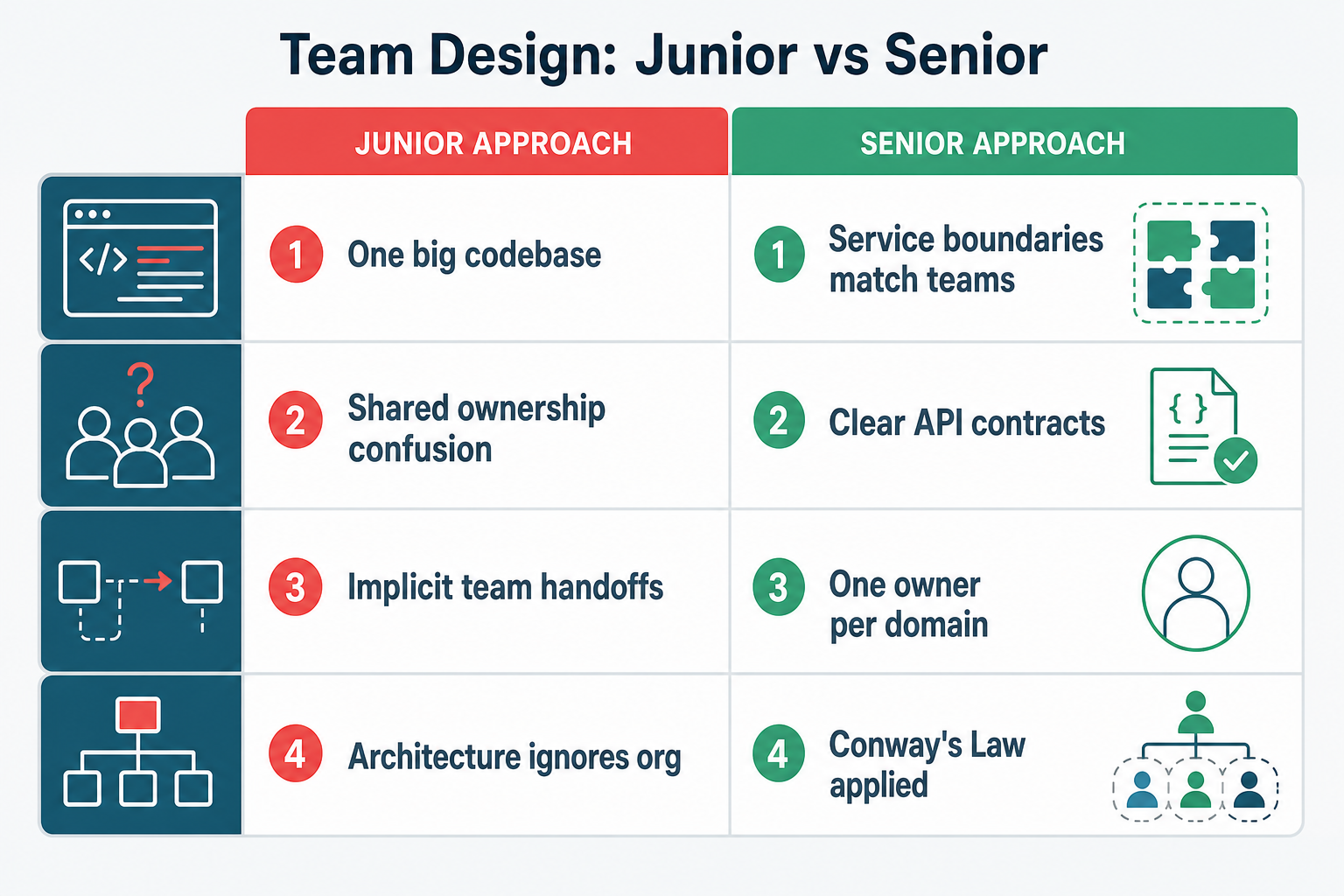 Junior vs senior team design thinking: junior uses one codebase and implicit handoffs; senior aligns service boundaries with teams, clear API contracts, and Conway's Law