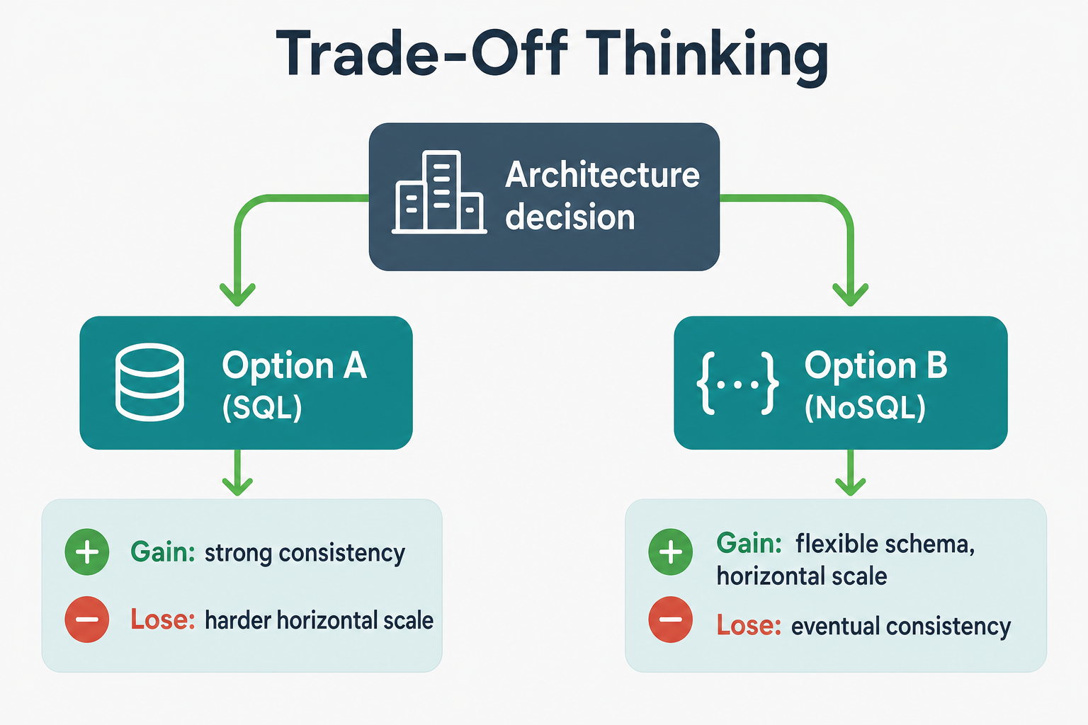 Trade-off matrix: architecture decision branches to Option A SQL with gains and losses versus Option B NoSQL with gains and losses