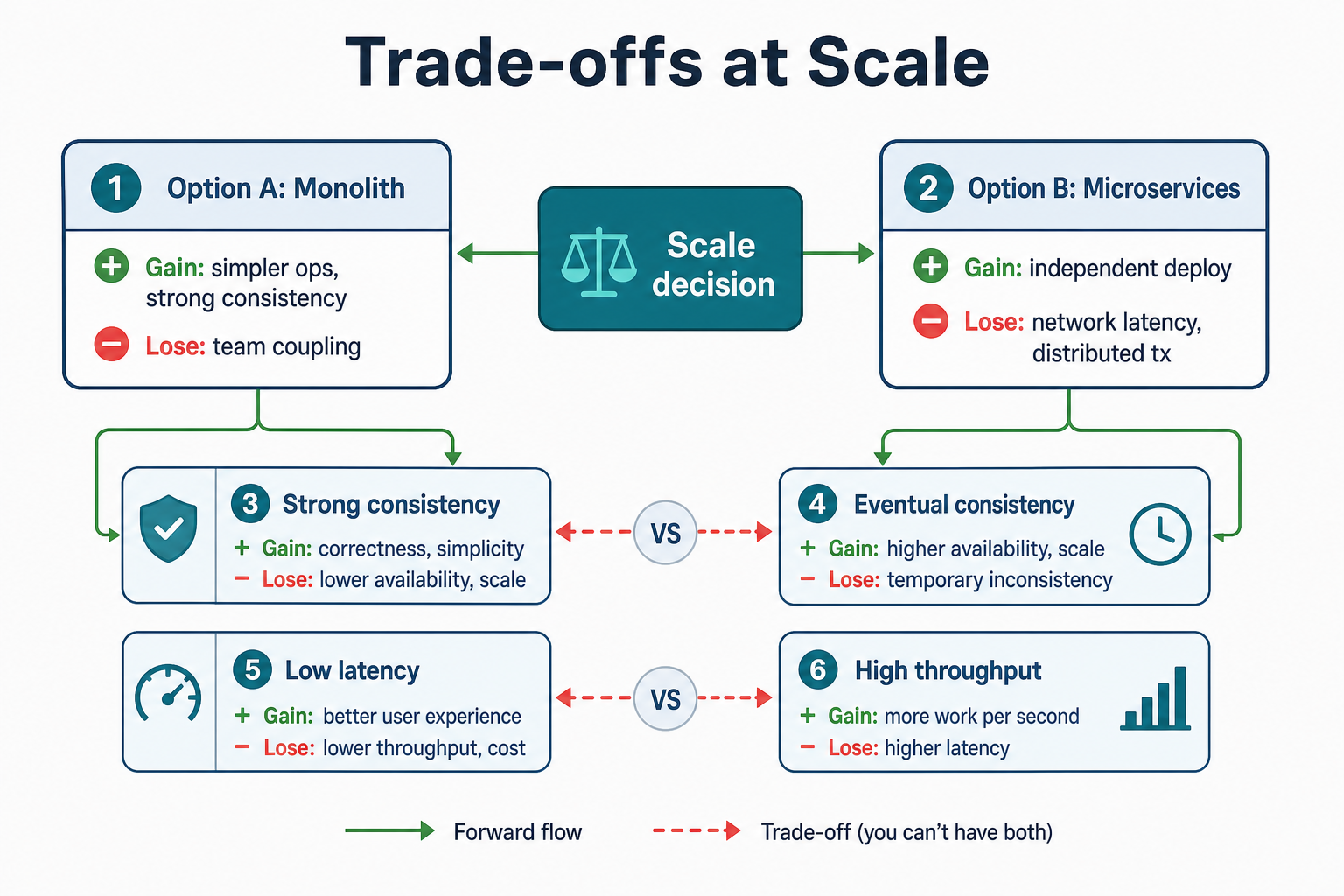 Trade-offs at scale: monolith vs microservices, strong vs eventual consistency, latency vs throughput with gain and lose rows