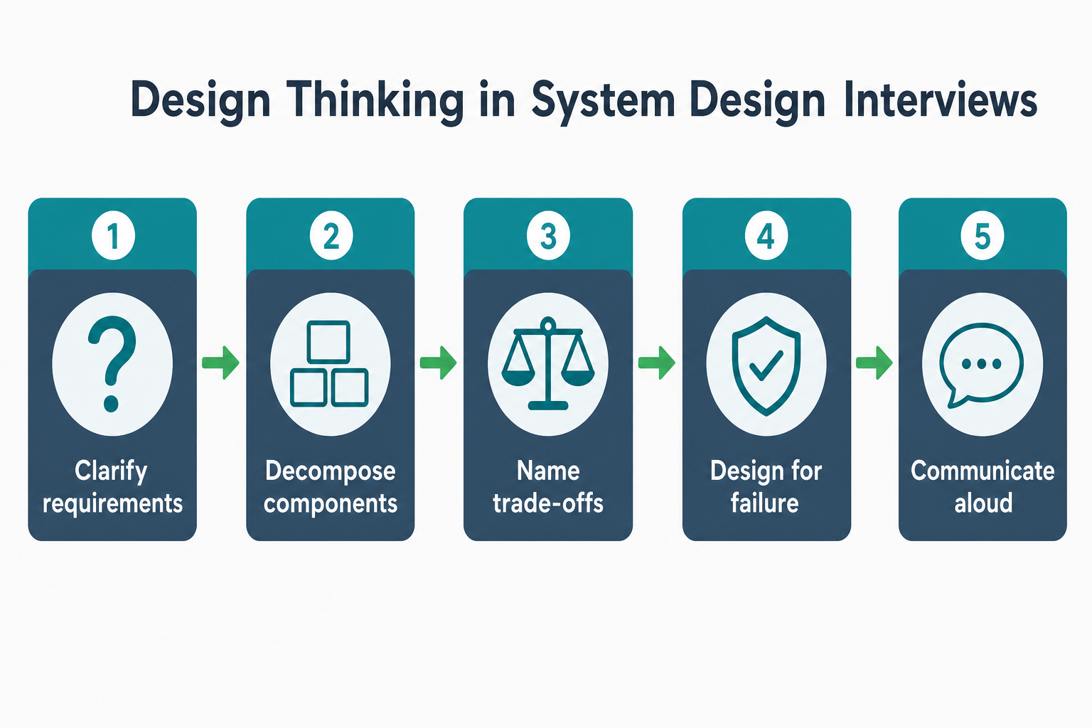 Design thinking flow: clarify requirements, decompose components, name trade-offs, design for failure, communicate aloud