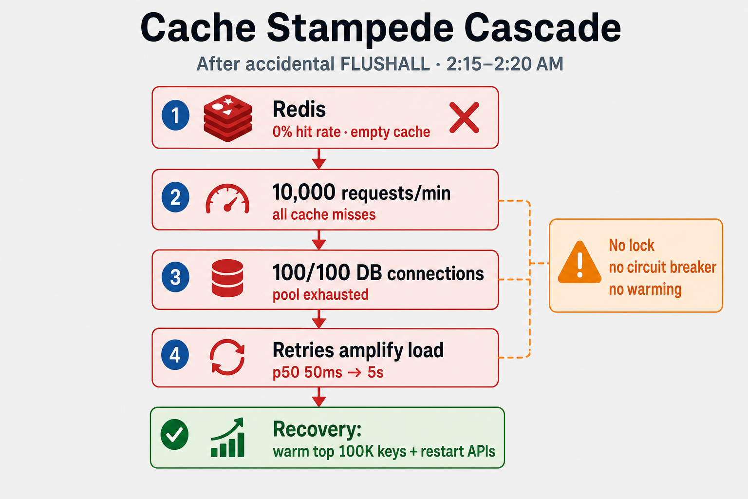 Failure cascade after cache flush: empty Redis, ten thousand cache misses per minute, database connection pool at one hundred of one hundred, retries amplifying latency from fifty milliseconds to five seconds
