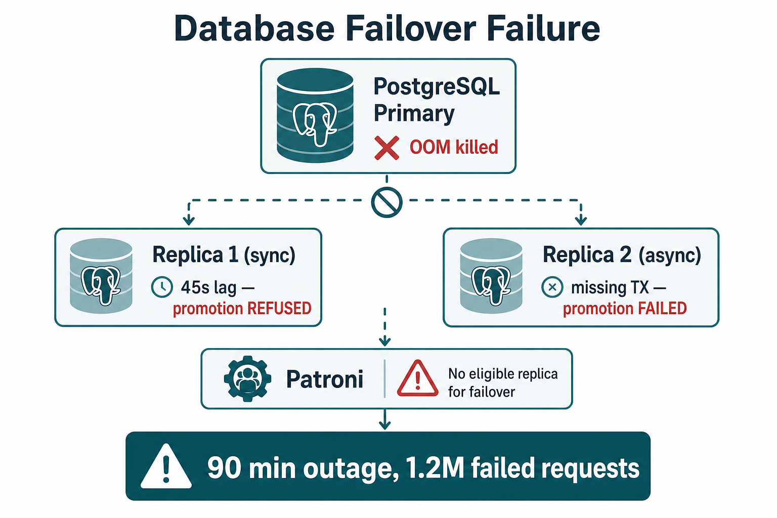 PostgreSQL primary OOM killed; Patroni refused to promote sync replica at 45 seconds lag and async replica with missing transactions
