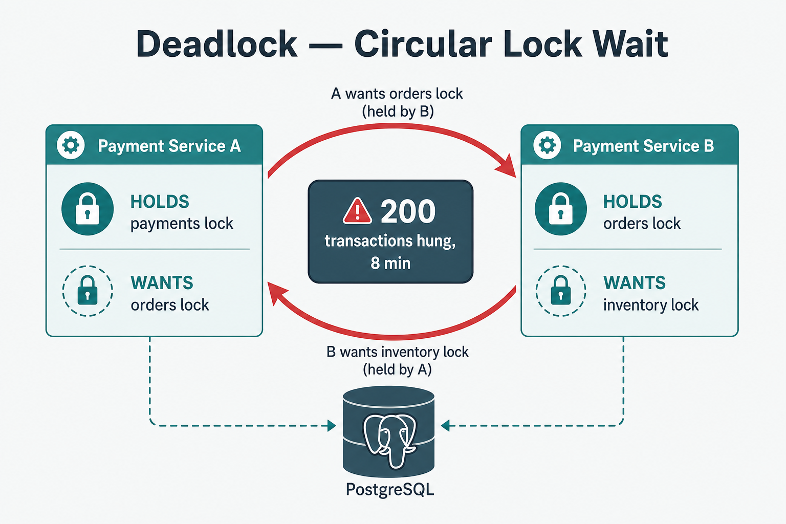 Payment Service A and B acquire PostgreSQL row locks in opposite order, creating a circular wait deadlock
