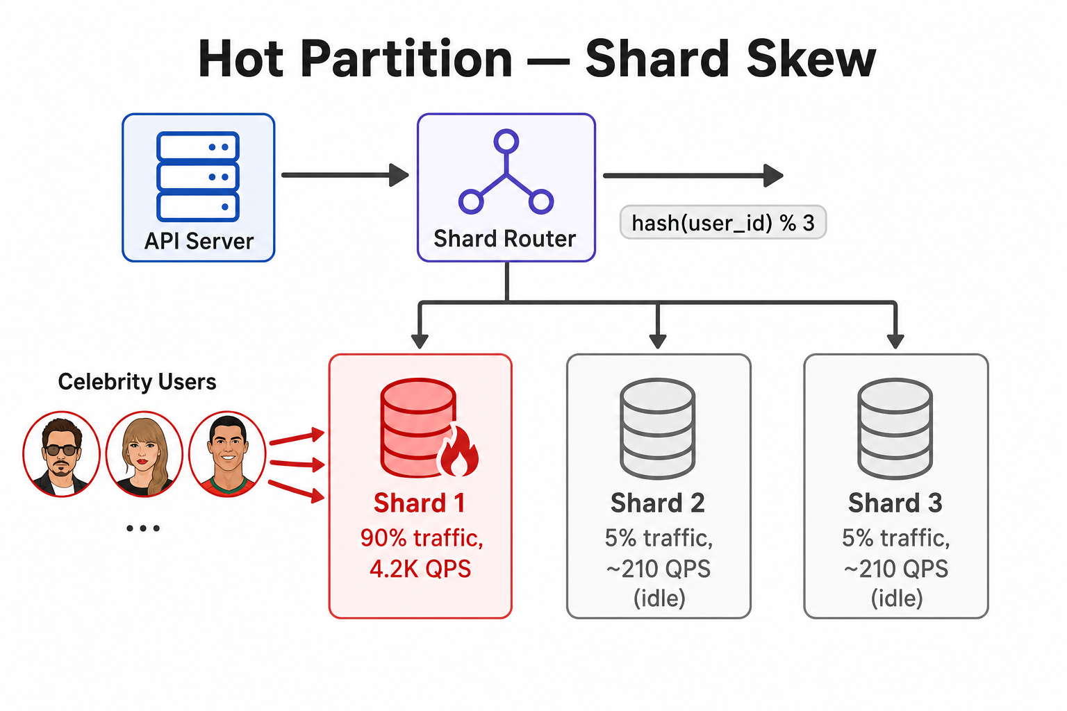 Shard router sending ninety percent of traffic to one hot partition while two other shards sit nearly idle
