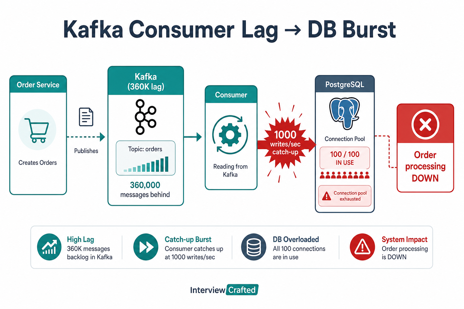 Kafka consumer catch-up burst sending 1000 writes per second to PostgreSQL and exhausting the connection pool
