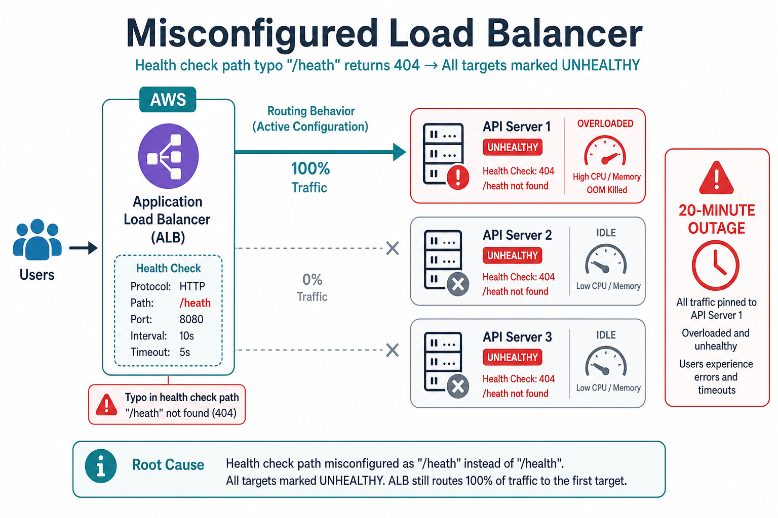 AWS ALB health check typo marks all backends unhealthy and pins one hundred percent of traffic to a single API server