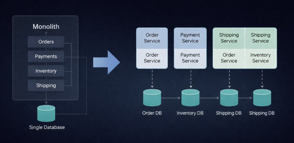 Architecture comparison: left, monolith box containing Orders, Payments, Inventory, and Shipping modules connected to one single database; right, separate Order, Payment, Inventory, and Shipping services each with its own database, with arrows between databases indicating cross-service data flow