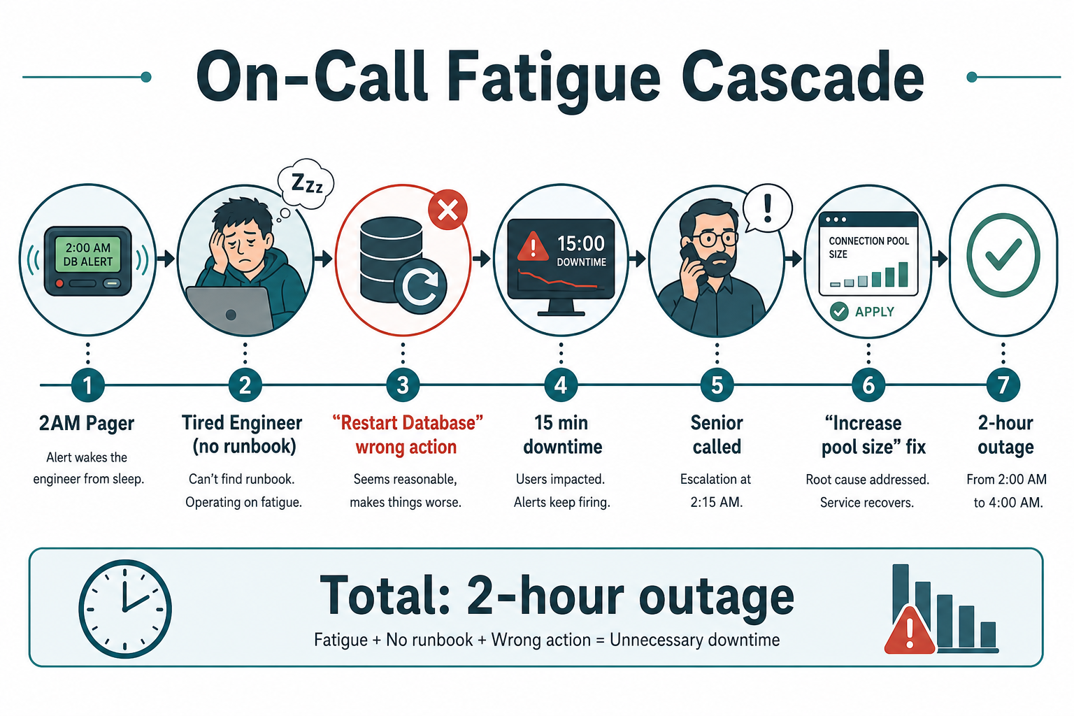 On-call engineer without a runbook restarts the database during connection pool exhaustion, extending a fifteen-minute fix into a two-hour outage