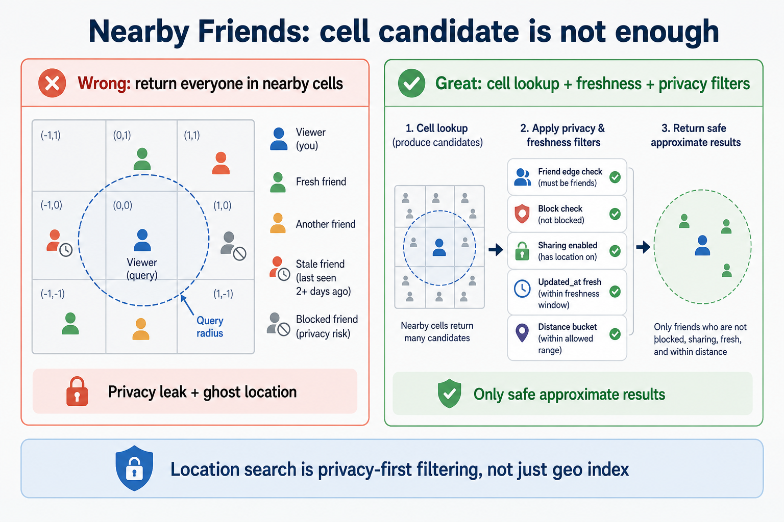Nearby friends search must filter cell candidates by friendship, block state, sharing opt-in, freshness, and distance bucket before returning approximate results