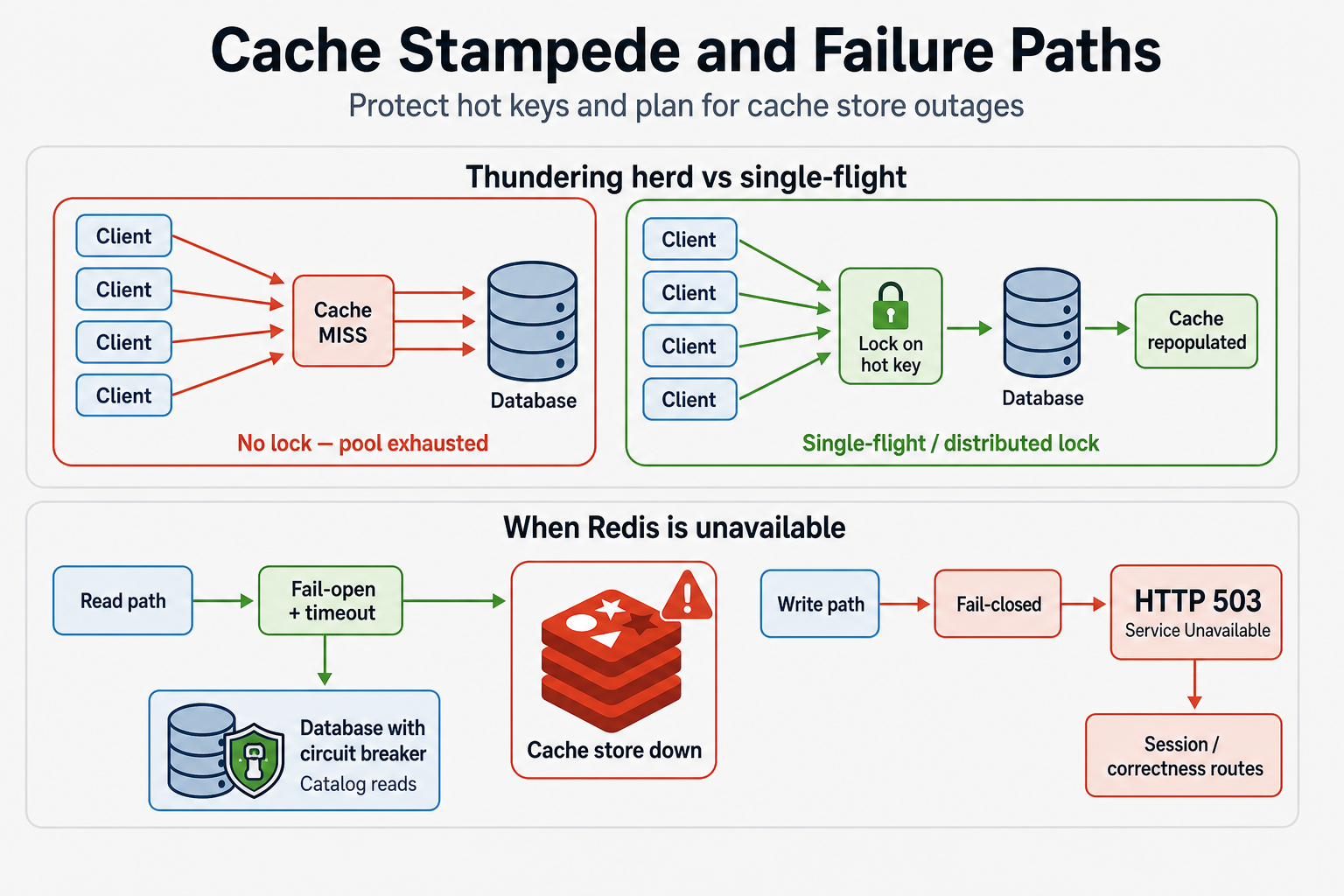 Cache stampede mitigation with single-flight lock versus unprotected thundering herd to the database