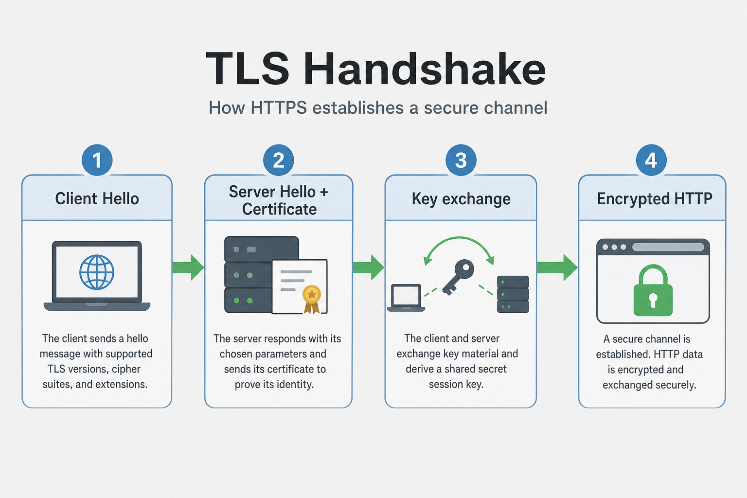 Alt: TLS handshake steps from Client Hello through certificate exchange to encrypted HTTP