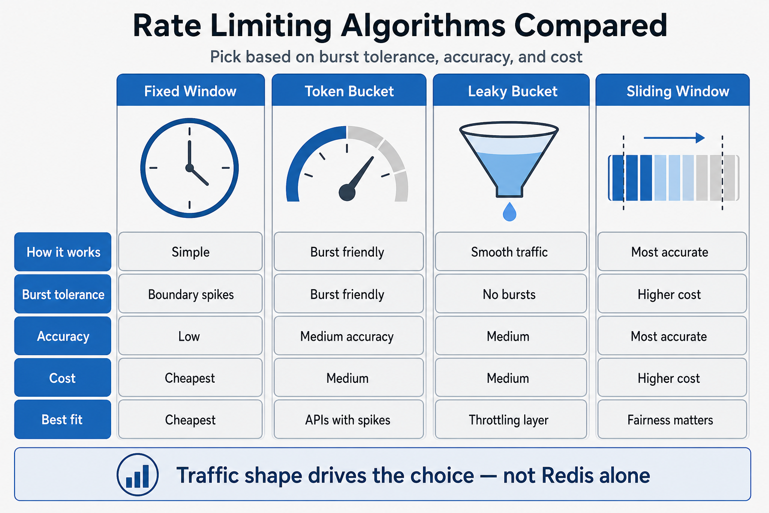 Comparison of fixed window, token bucket, leaky bucket, and sliding window rate limiters