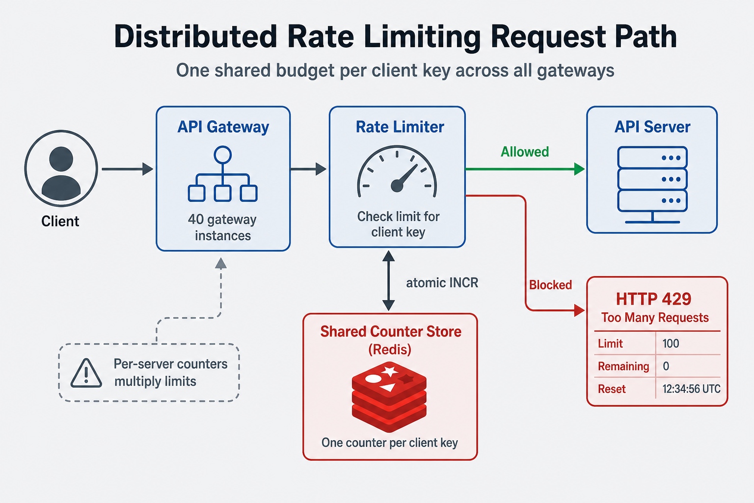 Gateway fleet checks a shared Redis counter before allowing traffic or returning HTTP 429