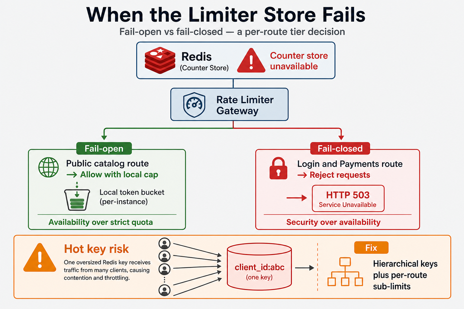 Fail-open vs fail-closed paths when Redis is down, plus hot-key skew on a single Redis shard