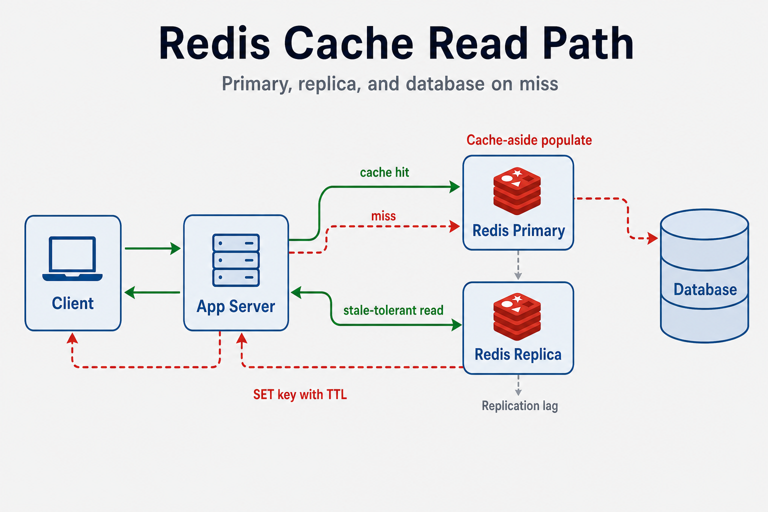 Application servers read from Redis primary or replica on hit, falling back to database on miss