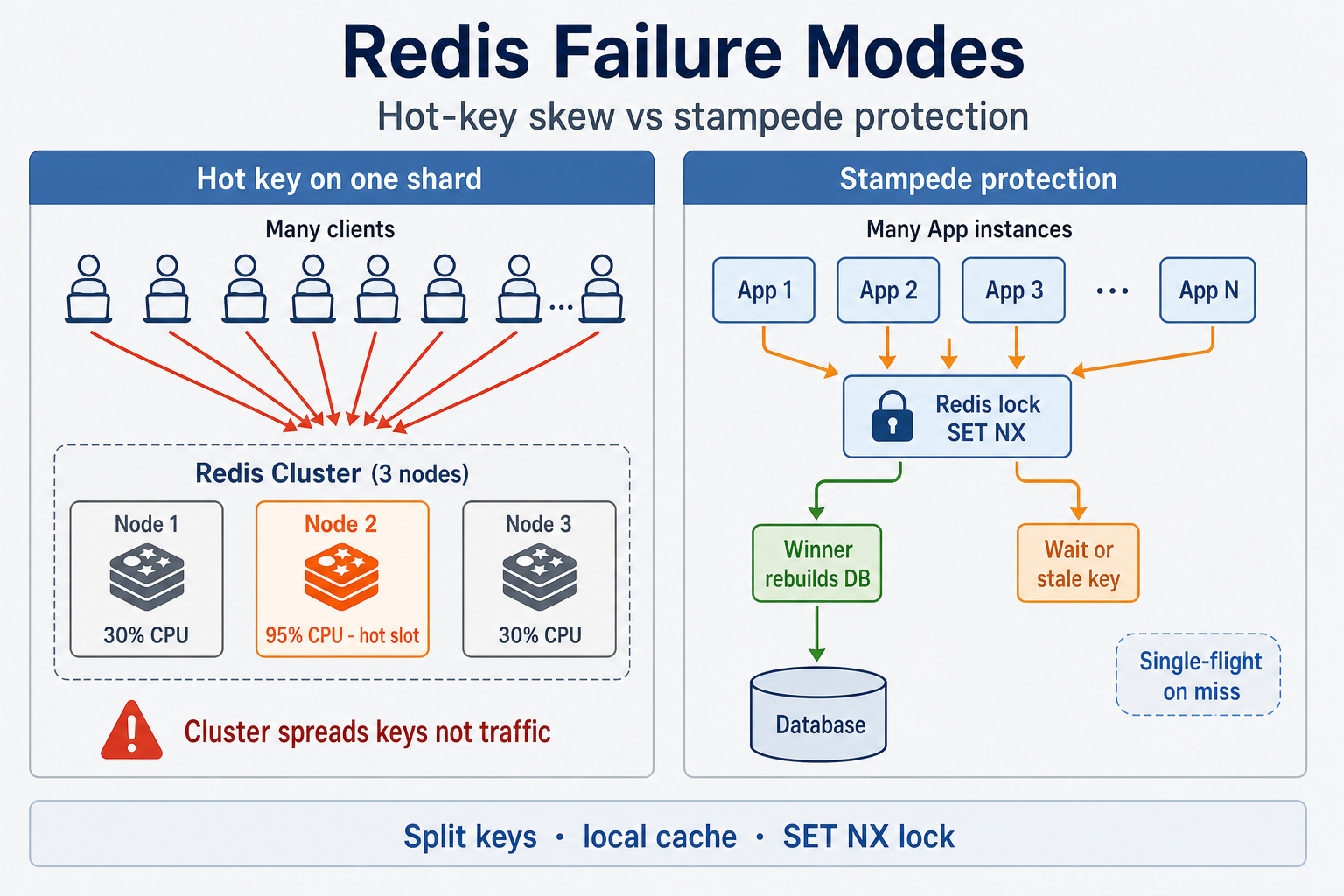 Hot-key skew on one cluster shard versus SET NX single-flight stampede protection on cache miss